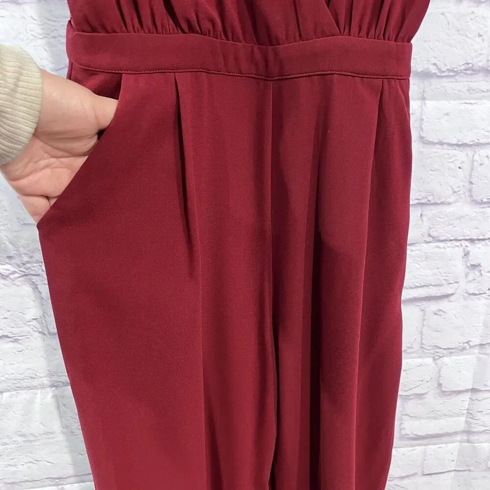 Lulu’s Women's Burgundy Kiska Lace Back‎ Wide Leg Jumpsuit side Pockets Medium - Picture 8 of 16